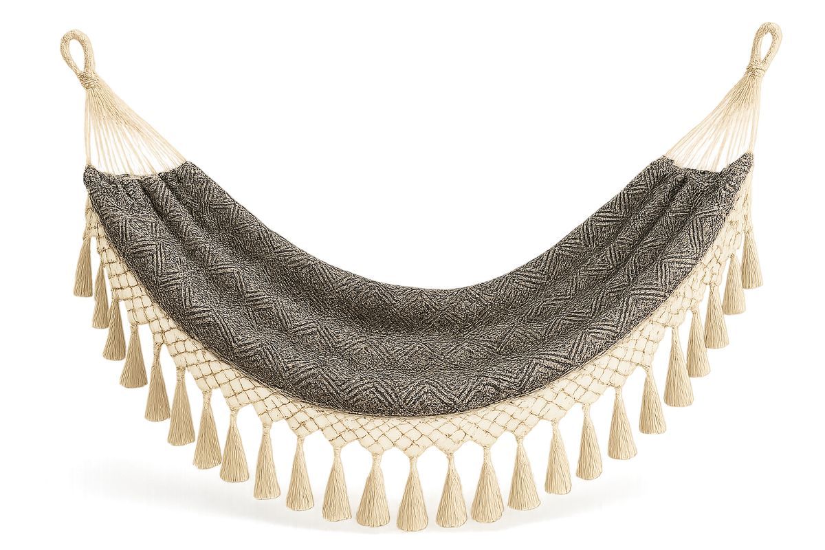 Riipumatto Puuvilla Makramee Hapsut Beige/Musta 200cm-Verdeharmonia