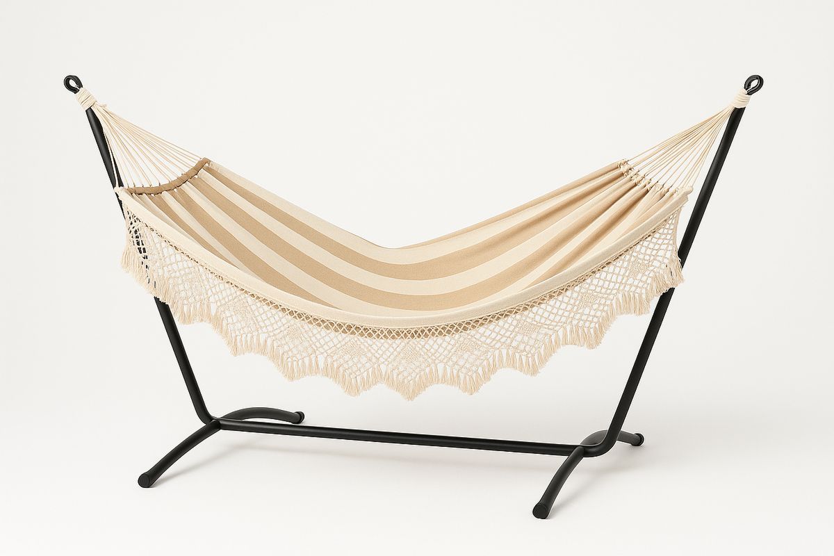 Puuvilla polyesteri riippumatto teräsjalustalla beige/raidallinen-Verdeharmonia