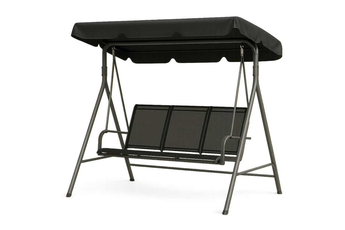 Kolmen istuttava metallinen terassikeinu mustalla polyesterikatoksella-Verdeharmonia