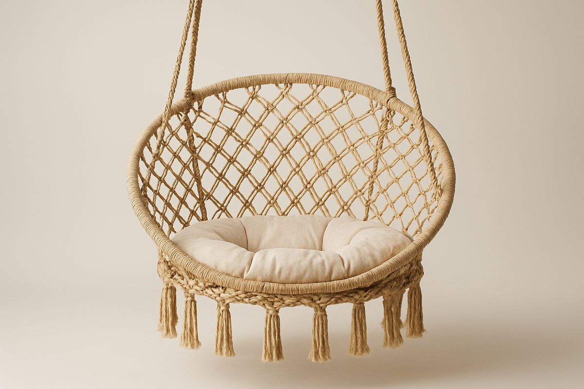 Makramee Riippuva Keinutuoli Juuttiköysi Pyöreä Pehmuste Beige-Verdeharmonia