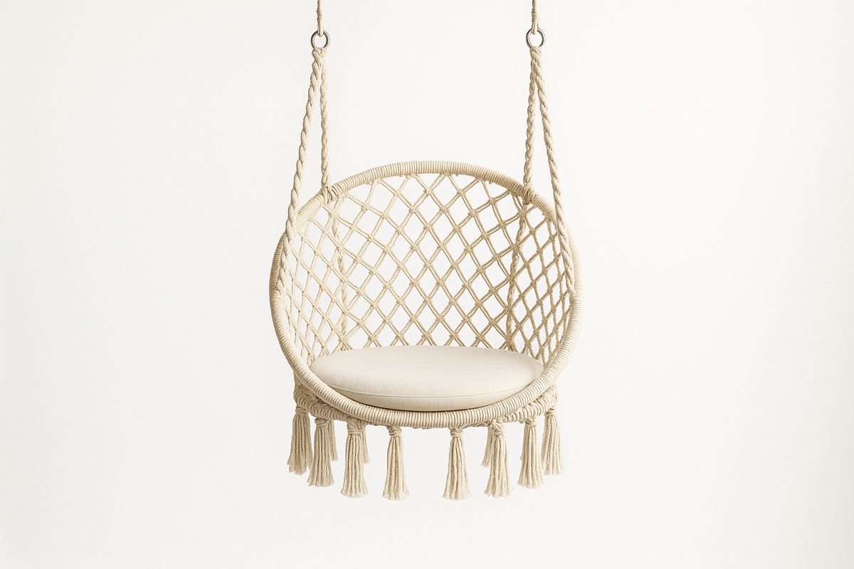 Makramee riippukeinu teräskehikolla luonnonvärinen-Verdeharmonia