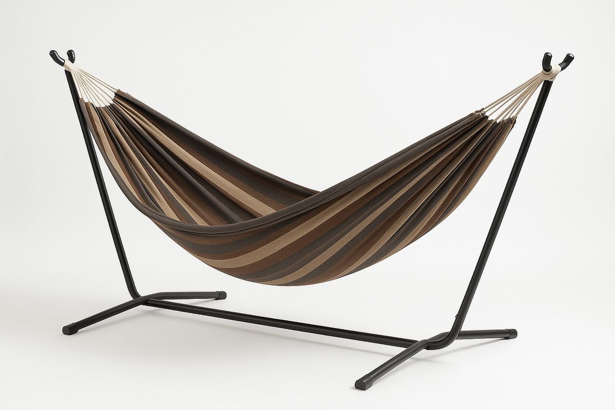 Metallinen riippumatto puuvillalla ja polyesterillä, 200x150 cm, ruskea/musta-Verdeharmonia