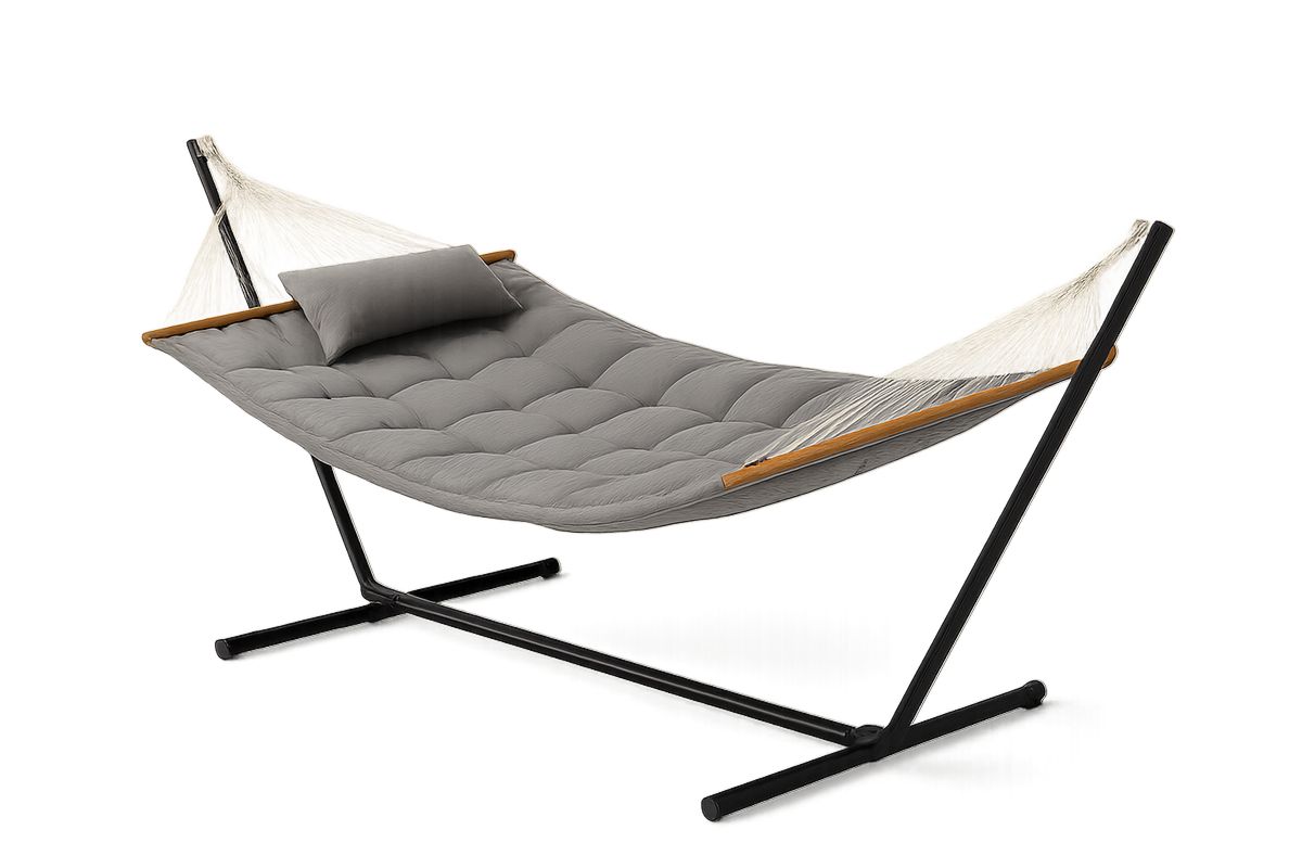 Riippumatto puuvillakankaalla ja teräsrungolla, harmaa, 200x140 cm-Verdeharmonia