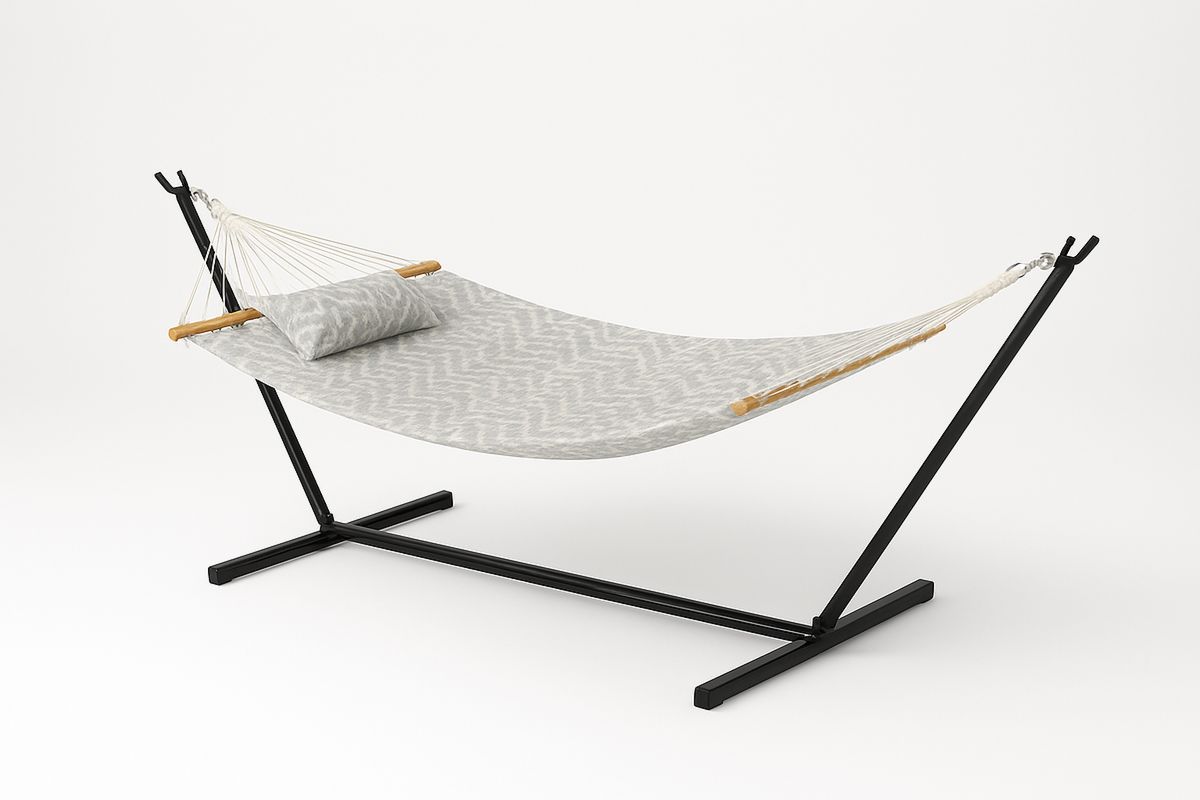 Teräsrunkoinen riippumatto puuvillakankaalla ja tyynyllä, harmaa-Verdeharmonia