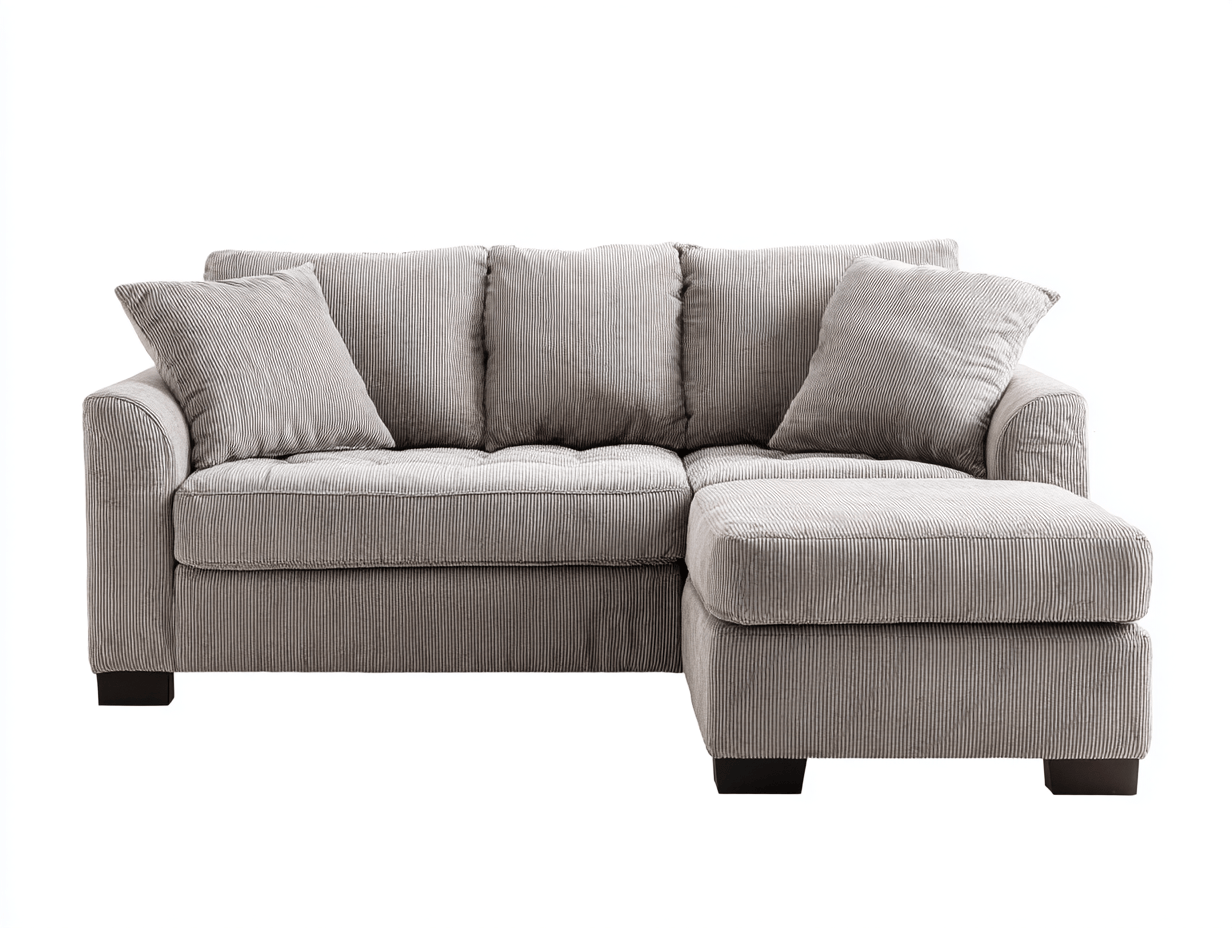 Kompaktowa sofa narożna z szarego sztruksu z poduszkami – 210×140×85 cm-Hubuna