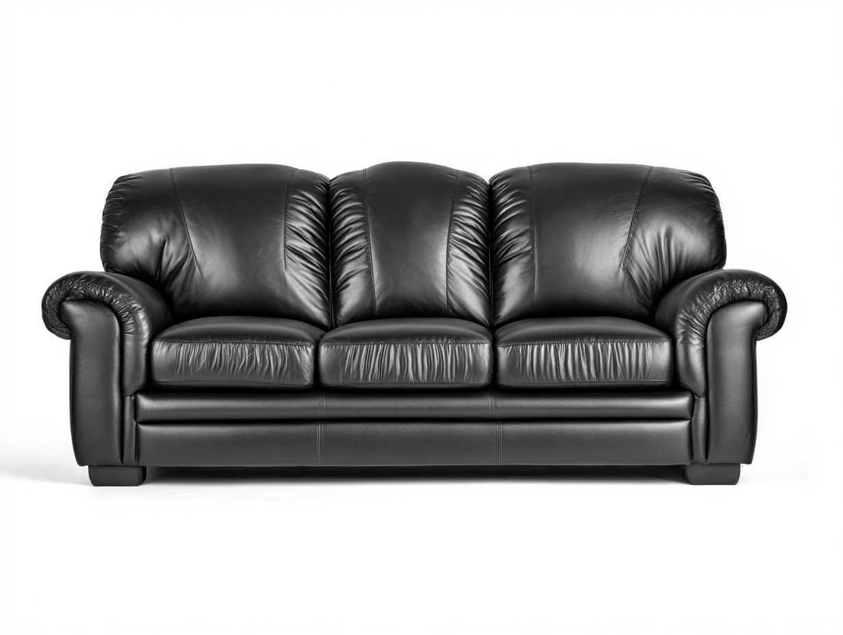 Czarna sofa trzyosobowa z naturalnej skóry – klasyczny design – szerokie podłokietniki i wyprofilowane oparcie – 215×95×95 cm-Hubuna