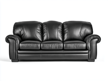 Czarna sofa trzyosobowa z naturalnej skóry – klasyczny design – szerokie podłokietniki i wyprofilowane oparcie – 215×95×95 cm-Hubuna