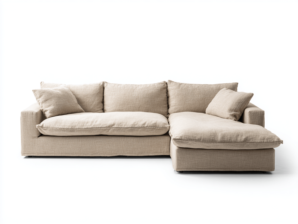 Beżowa sofa narożna z szezlongiem – lniana tkanina – głębokie siedziska – 230×160×85 cm-Hubuna