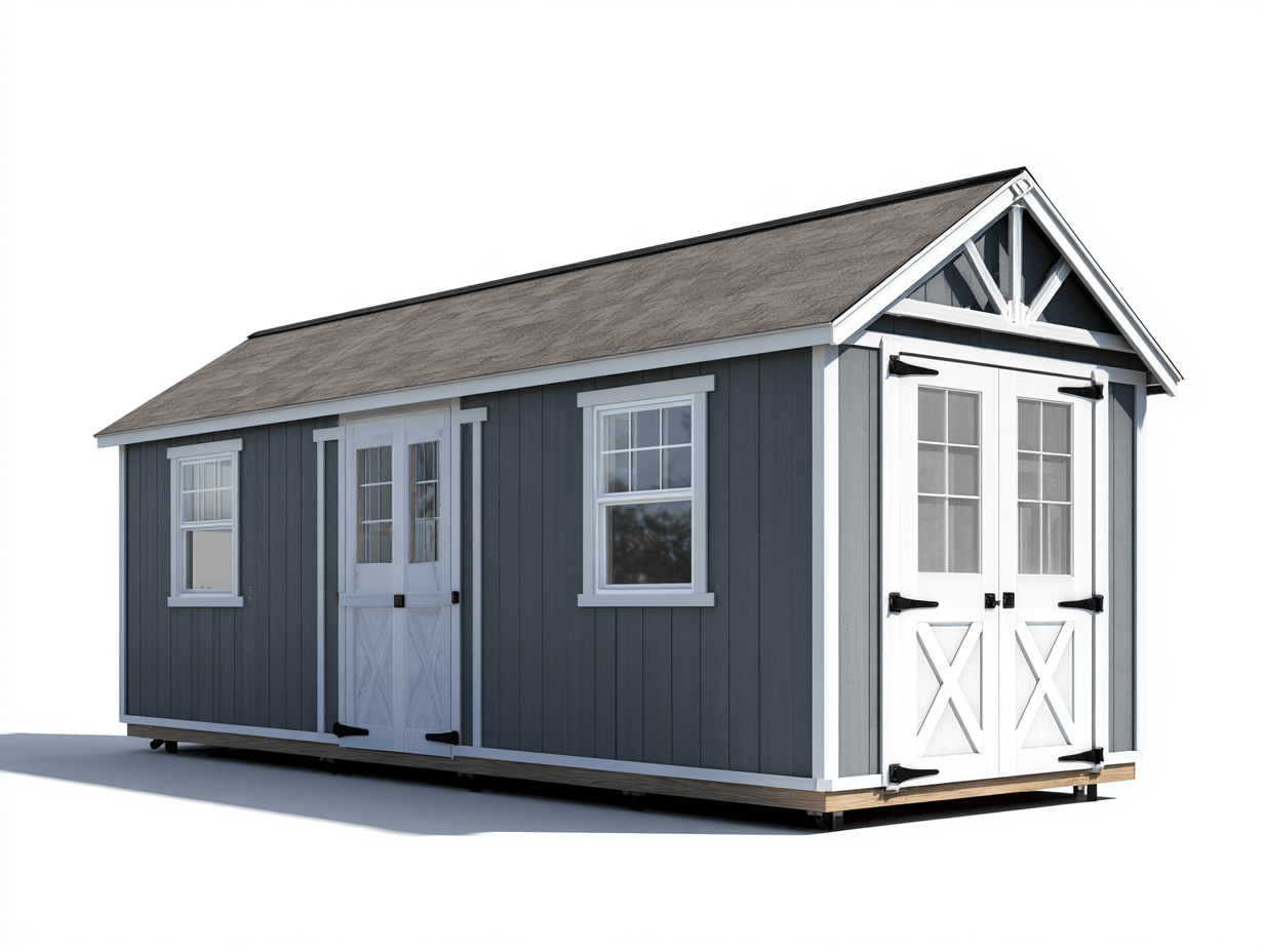 Drewniany domek ogrodowy 244x488 cm – szaro biały – z oknami i podwójnymi drzwiami-Hubuna