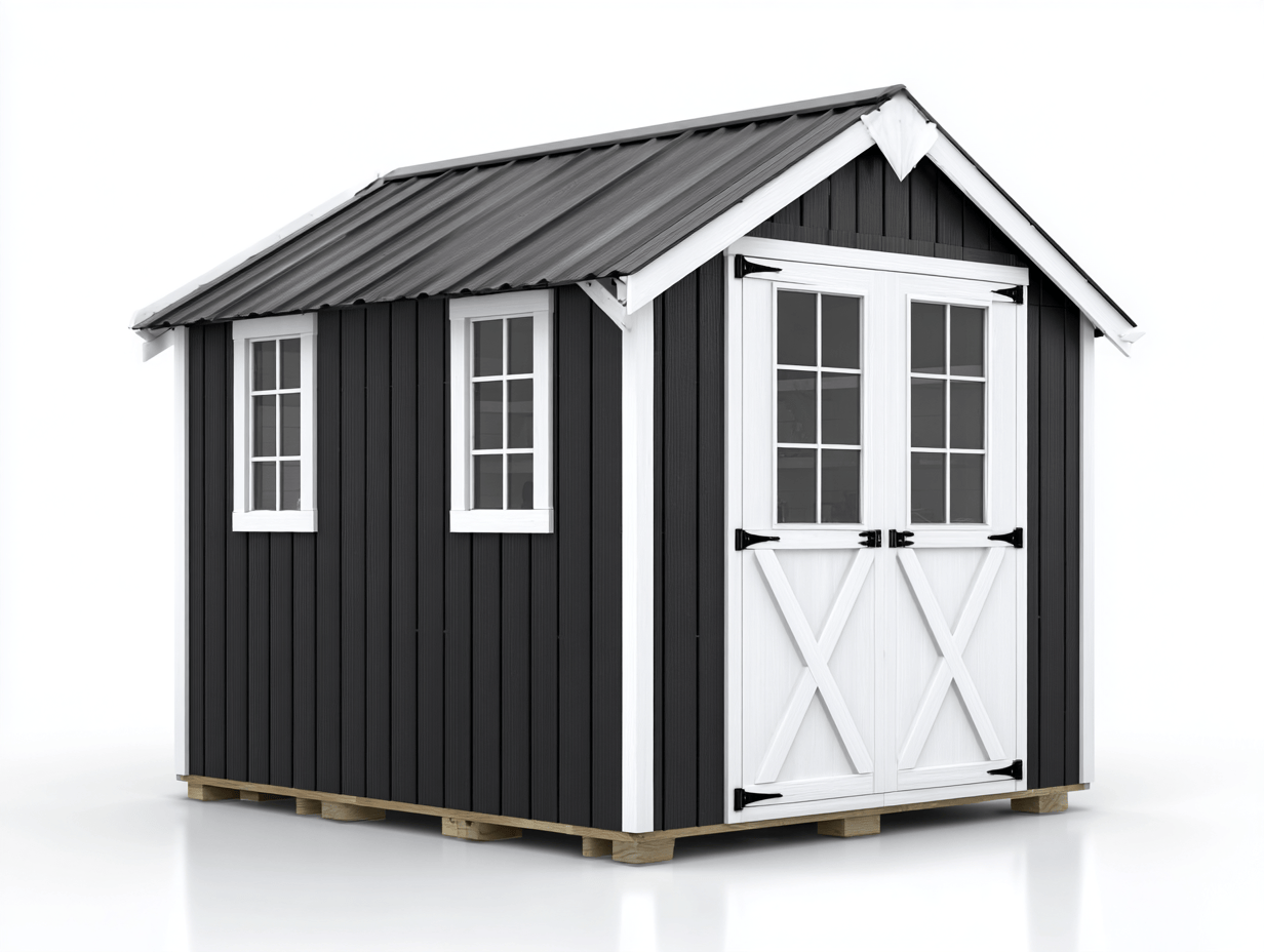 Metalowy domek ogrodowy 240x180 cm – czarno-biały – podwójne przeszklone drzwi + boczne okna – dach dwuspadowy-Hubuna