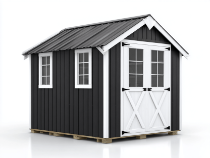 Metalowy domek ogrodowy 240x180 cm – czarno-biały – podwójne przeszklone drzwi + boczne okna – dach dwuspadowy-Hubuna