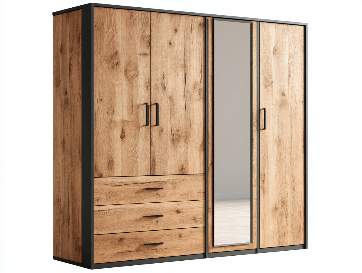 Szafa czterodrzwiowa z lustrem i trzema szufladami 180×60×220 cm – dąb naturalny/czarny – styl industrialny-Hubuna