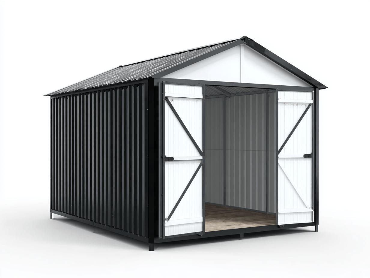 Metalowy schowek ogrodowy 183x274 cm – czarno biały – stal ocynkowana – podwójne drzwi bez okien-Hubuna