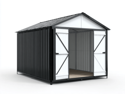 Metalowy schowek ogrodowy 183x274 cm – czarno biały – stal ocynkowana – podwójne drzwi bez okien-Hubuna