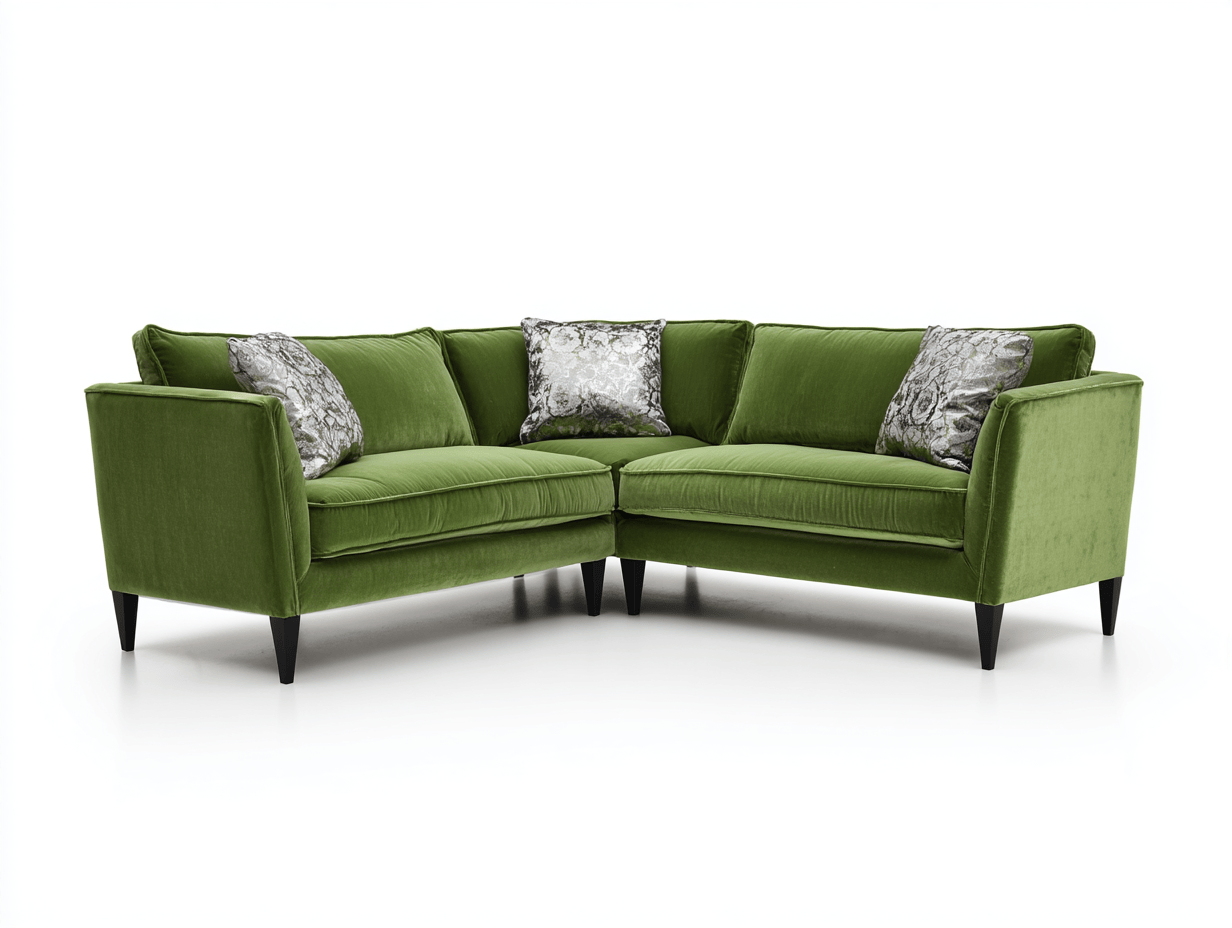 Sofa narożna tapicerowana L-kształtna 210×210×85 cm – tkanina zielona – z poduszkami dekoracyjnymi srebrnymi – styl nowoczesny retro-Hubuna