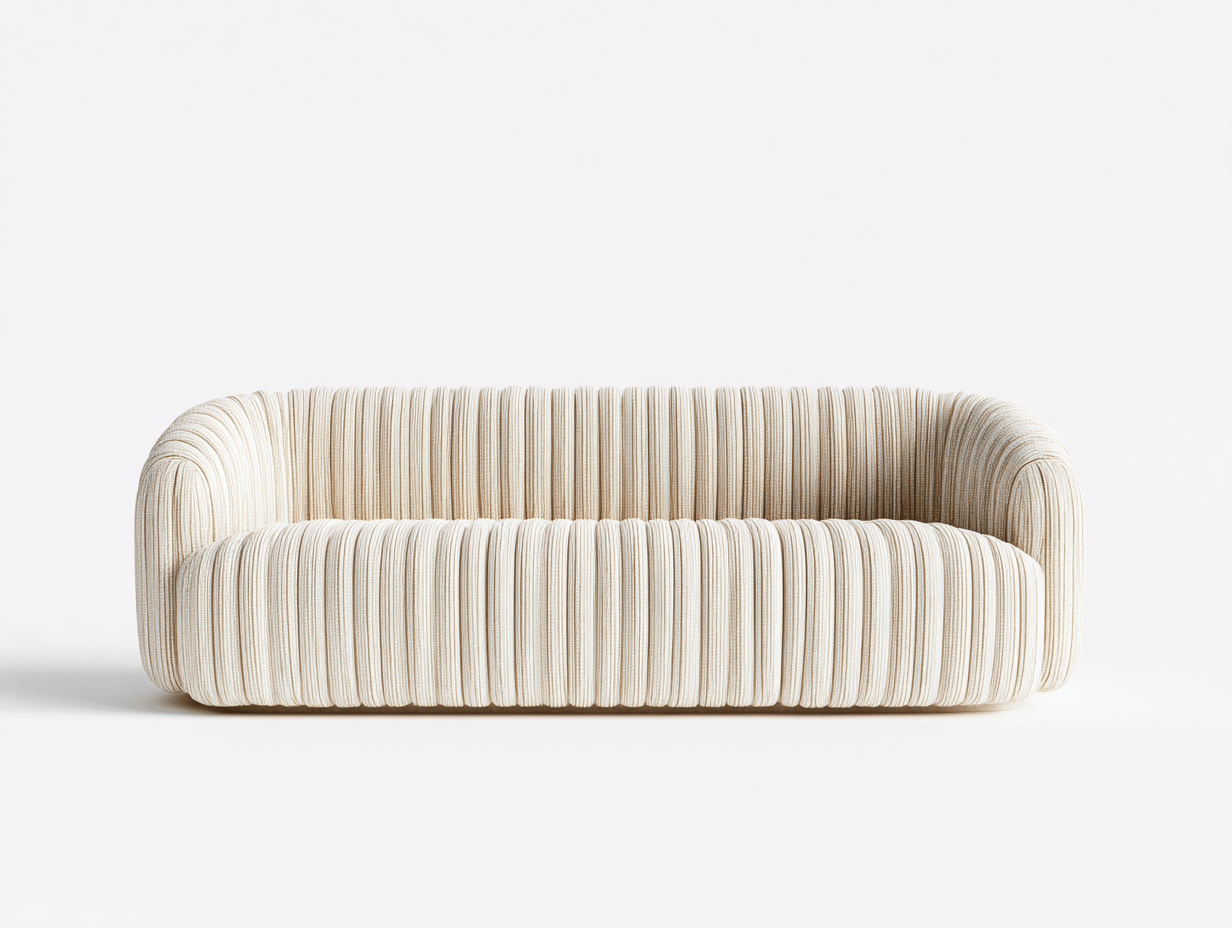 Kremowa sofa dwuosobowa – tkanina teksturowana – poziome przeszycia – forma opływowa – 185×88×75 cm-Hubuna