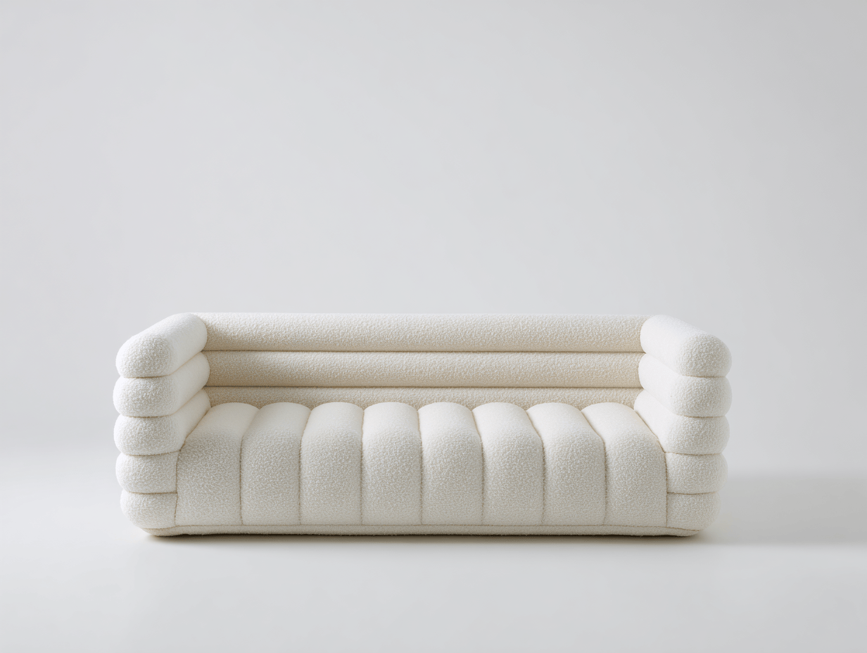 Biała sofa dwuosobowa – tkanina boucle – zaokrąglone oparcie i siedzisko – poziome segmenty – 185×85×75 cm-Hubuna
