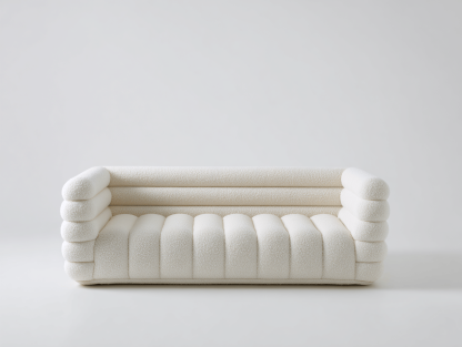 Biała sofa dwuosobowa – tkanina boucle – zaokrąglone oparcie i siedzisko – poziome segmenty – 185×85×75 cm-Hubuna
