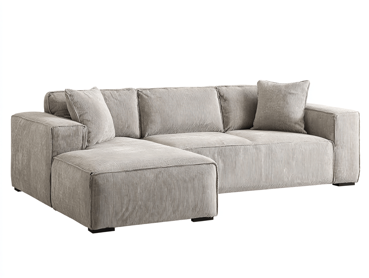 Sofa narożna czteroosobowa 300×200×85 cm – tkanina sztruksowa jasnoszara – do salonu i strefy wypoczynkowej – styl nowoczesny minimalistyczny-Hubuna