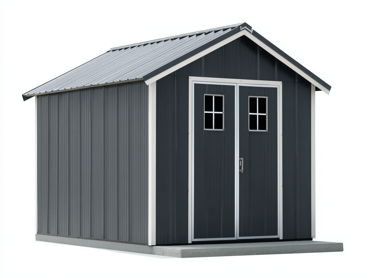 Metalowy schowek ogrodowy 240x180 cm – ciemnoszary/biały – z podwójnymi drzwiami z oknami-Hubuna