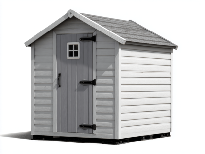 Jasnoszara szopa ogrodowa z tworzywa sztucznego 180×130×205 cm – imitacja drewna z okienkiem i spadzistym dachem-Hubuna