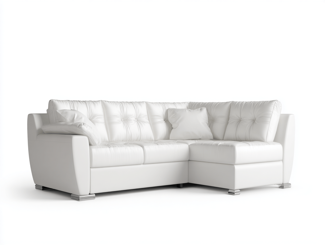 Nowoczesna narożna sofa z białej skóry ekologicznej z pikowanym wykończeniem – 245×160×90 cm-Hubuna