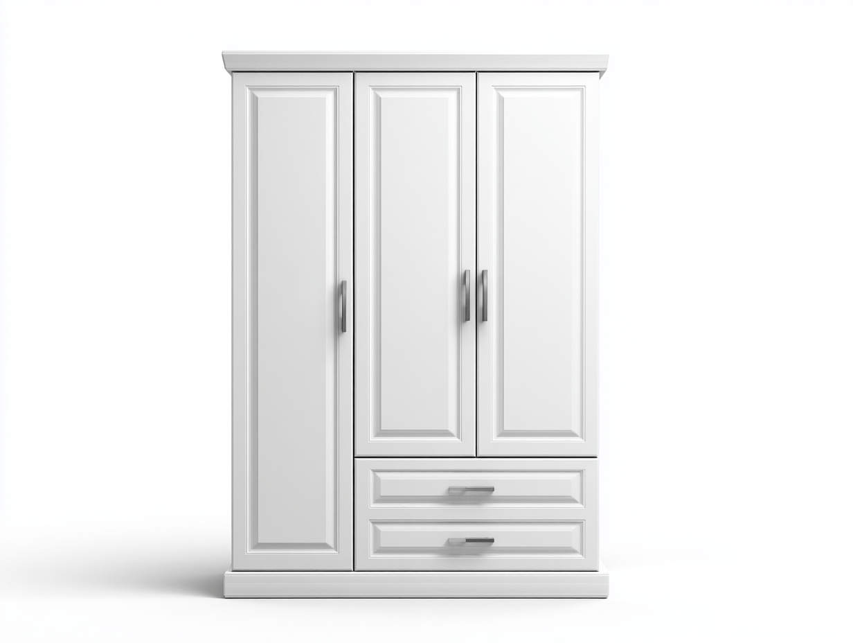 Biała szafa trzydrzwiowa z dwiema szufladami – nowoczesna forma – 200×145×55 cm-Hubuna