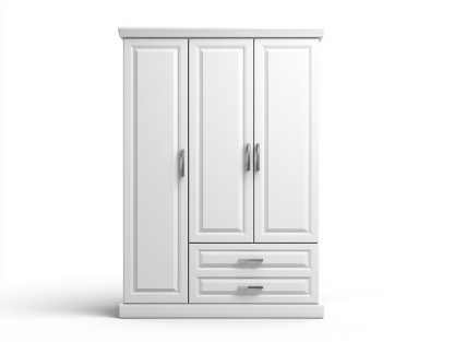 Biała szafa trzydrzwiowa z dwiema szufladami – nowoczesna forma – 200×145×55 cm-Hubuna