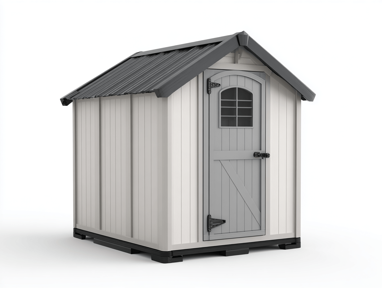 Domek ogrodowy z tworzywa sztucznego 180×130×210 cm – jasnoszary z ciemnoszarym dachem – z drzwiami z oknem łukowym-Hubuna