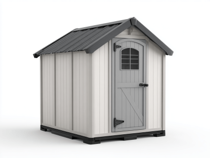 Domek ogrodowy z tworzywa sztucznego 180×130×210 cm – jasnoszary z ciemnoszarym dachem – z drzwiami z oknem łukowym-Hubuna