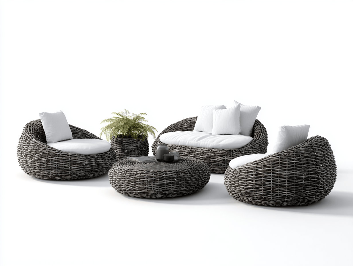 Zestaw mebli ogrodowych z technorattanu 5 elementów – szary – z okrągłymi fotelami i donicą dekoracyjną-Hubuna