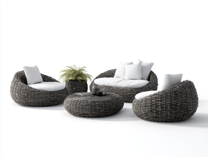 Zestaw mebli ogrodowych z technorattanu 5 elementów – szary – z okrągłymi fotelami i donicą dekoracyjną-Hubuna