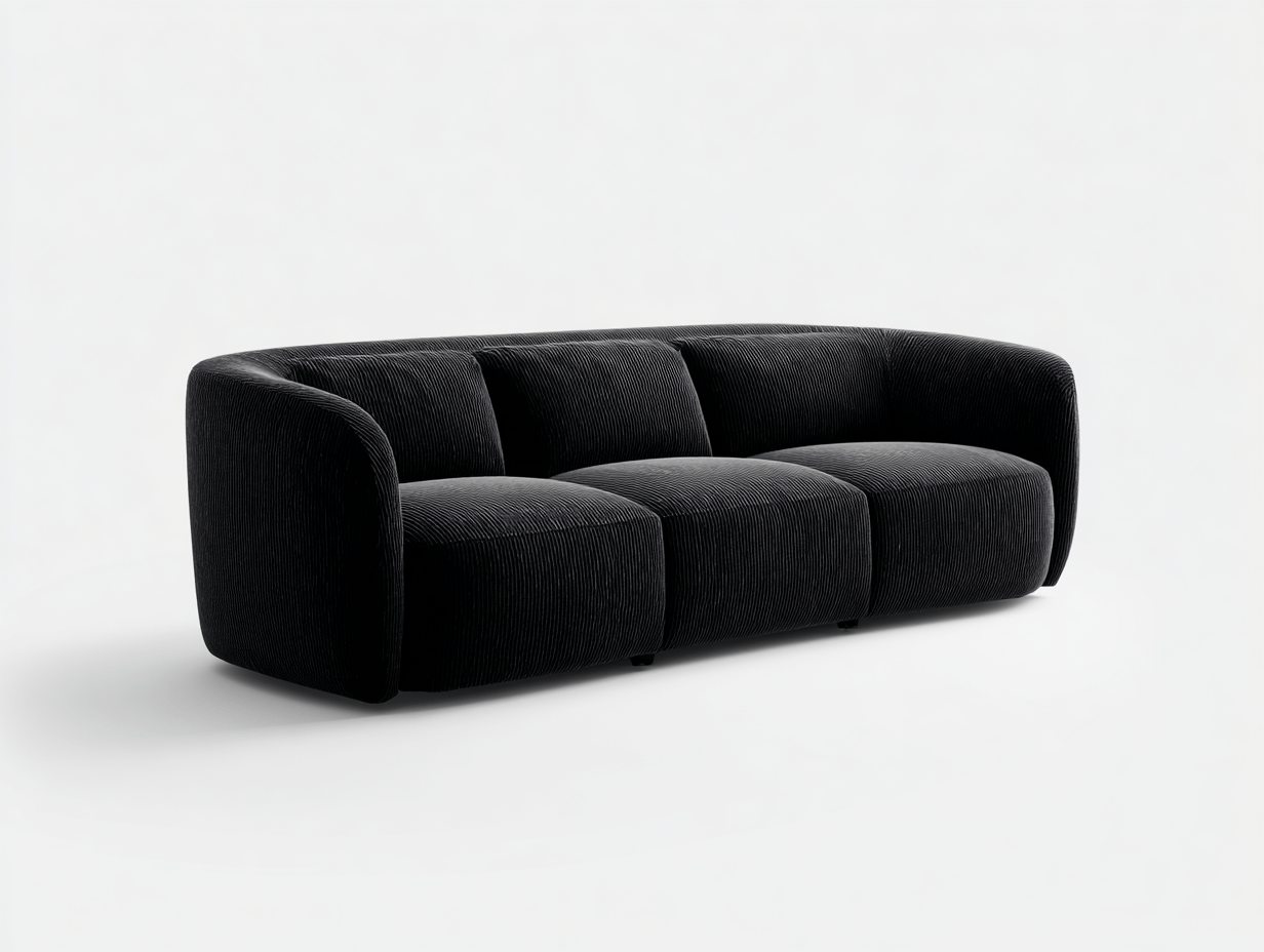 Sofa trzyosobowa 230×95×75 cm – tkanina sztruksowa czarna – do salonu i strefy wypoczynkowej – styl nowoczesny minimalistyczny-Hubuna