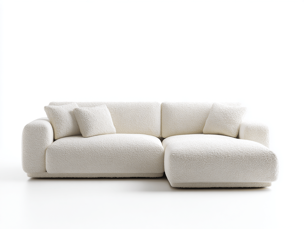 Nowoczesna sofa z szezlongiem – tkanina bouclé ecru – 265×160×85 cm-Hubuna