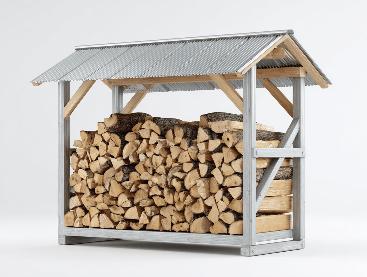 Stojak na drewno opałowe metalowy 140×60×145 cm – srebrny jasny – z daszkiem z blachy falistej-Hubuna