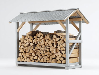 Stojak na drewno opałowe metalowy 140×60×145 cm – srebrny jasny – z daszkiem z blachy falistej-Hubuna