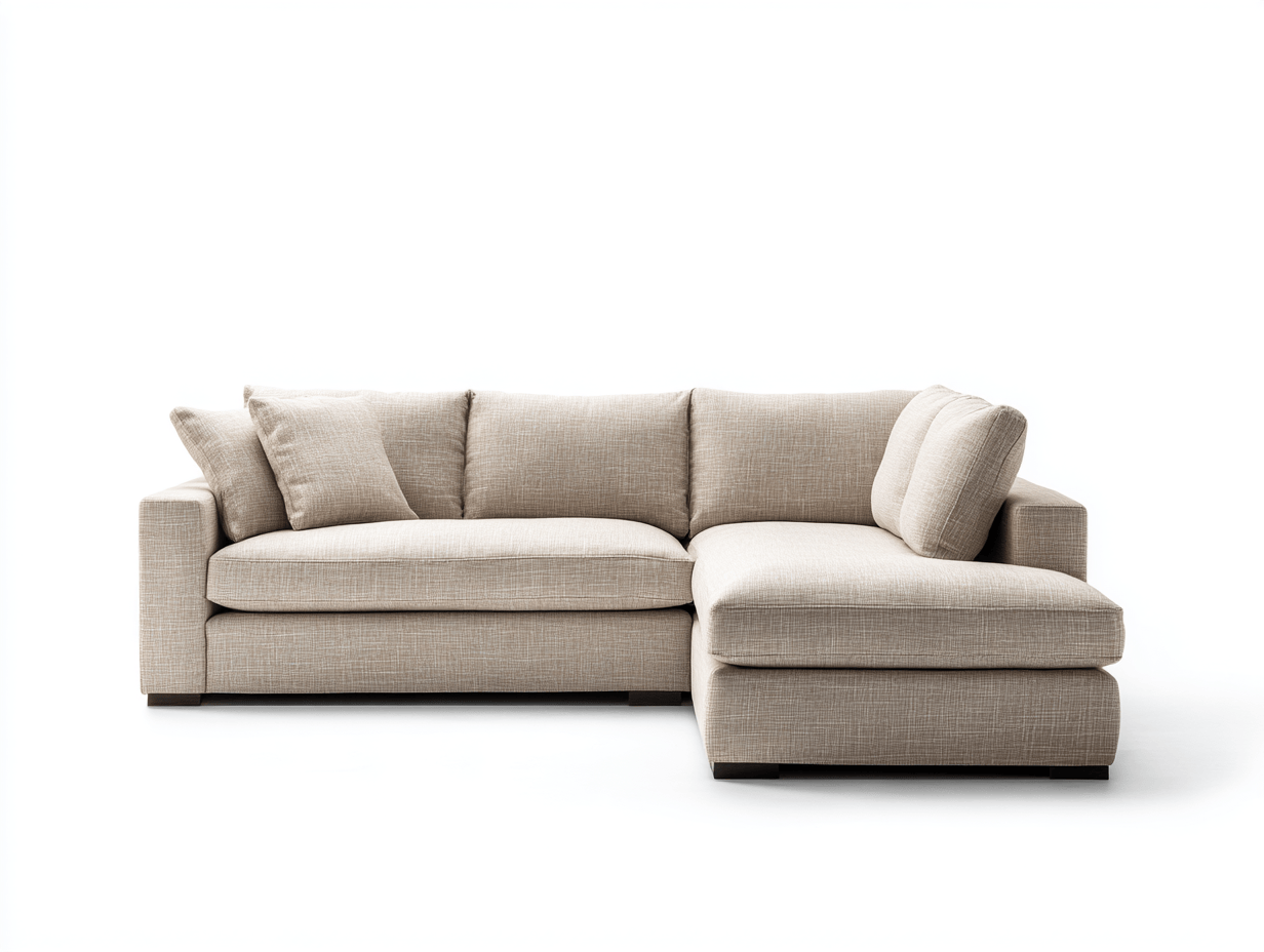Beżowa narożna sofa z szezlongiem – tkanina lniana – minimalistyczna forma – 225×155×85 cm-Hubuna