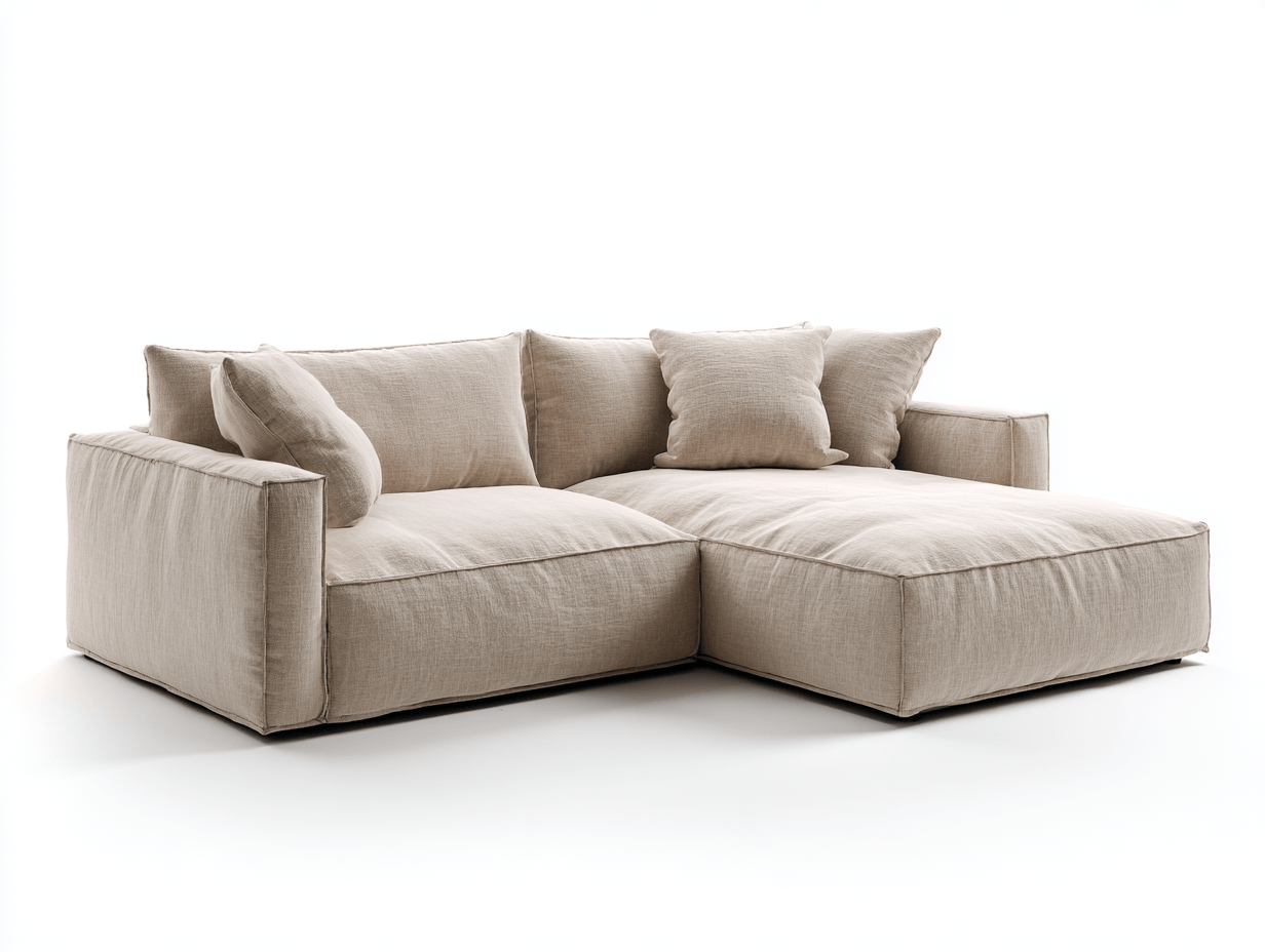 Beżowa narożna sofa z szezlongiem – len – styl puszysty – 225×150×85 cm-Hubuna