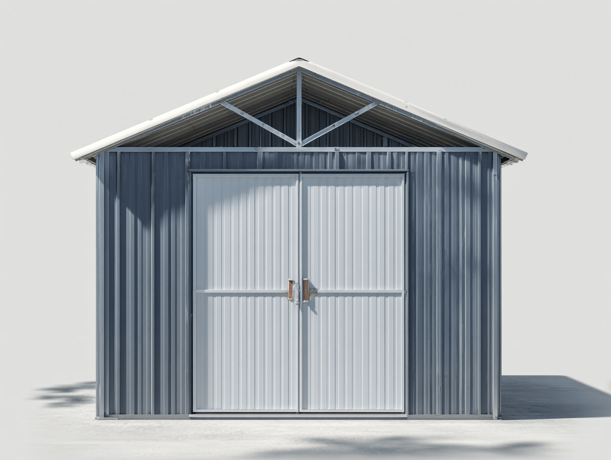 Domek narzędziowy metalowy 280×190×215 cm – szaro-biały – z podwójnymi drzwiami i spadzistym dachem-Hubuna