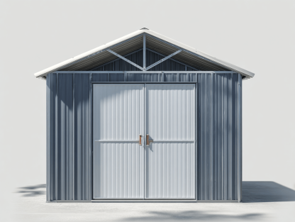 Domek narzędziowy metalowy 280×190×215 cm – szaro-biały – z podwójnymi drzwiami i spadzistym dachem-Hubuna
