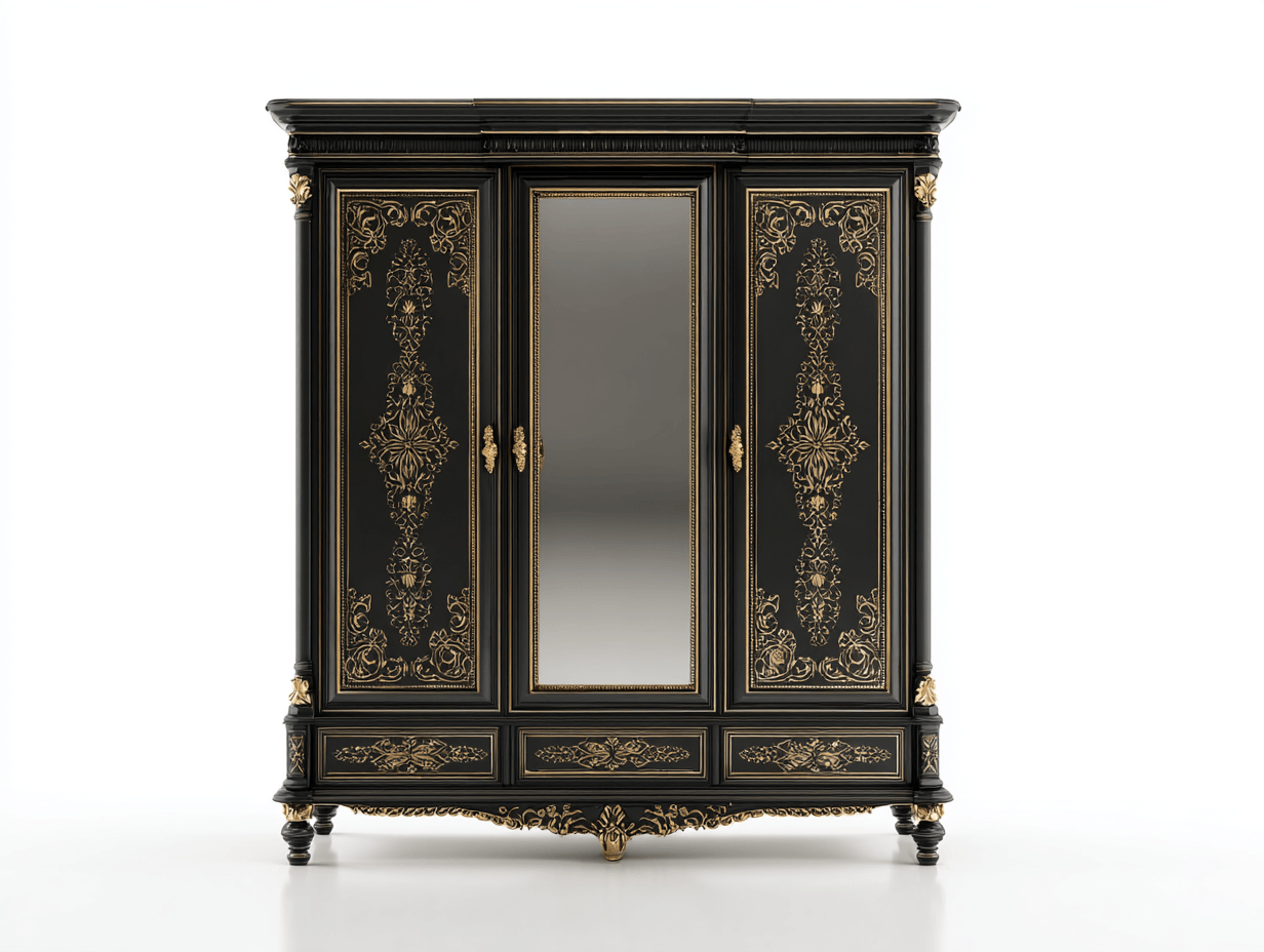 Szafa trzydrzwiowa z lustrem 210×62×230 cm – czarna – styl klasyczny z ozdobnymi złotymi detalami-Hubuna