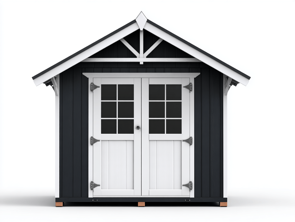Metalowy domek ogrodowy 240x180 cm – czarno-biały – z podwójnymi drzwiami przeszklonymi – styl dekoracyjny-Hubuna