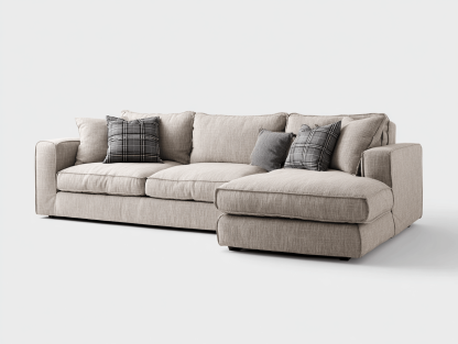 Sofa narożna z jasnoszarej tkaniny – nowoczesna i niska konstrukcja – 310×190×75 cm – poduszki dekoracyjne w zestawie-Hubuna