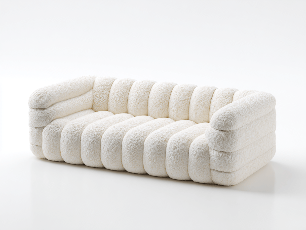 Biała sofa dwuosobowa z miękkiej tkaniny boucle – zaokrąglona forma – poziome przeszycia – designerski styl – 190×90×75 cm-Hubuna