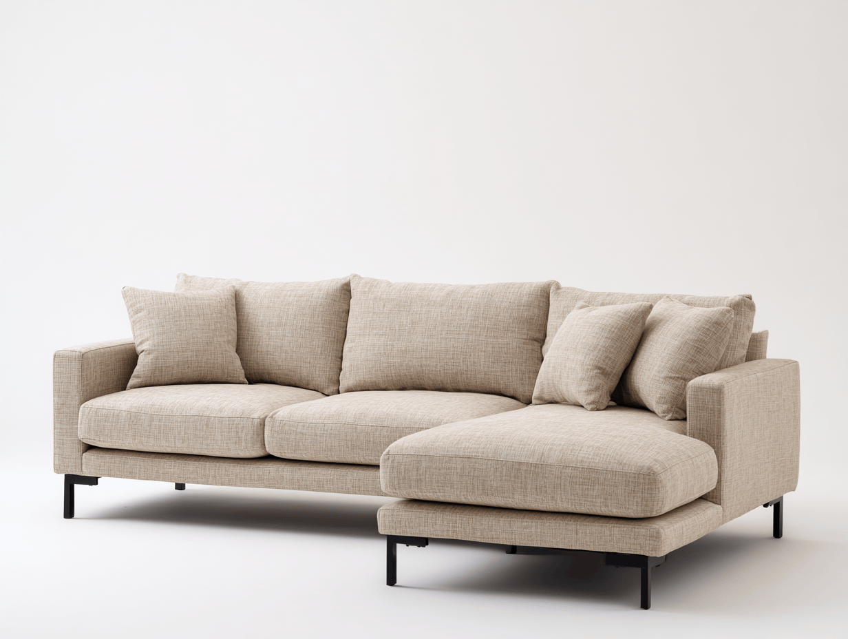 Beżowa narożna sofa z szezlongiem – tkanina lniana – czarne metalowe nogi – 240×160×85 cm-Hubuna