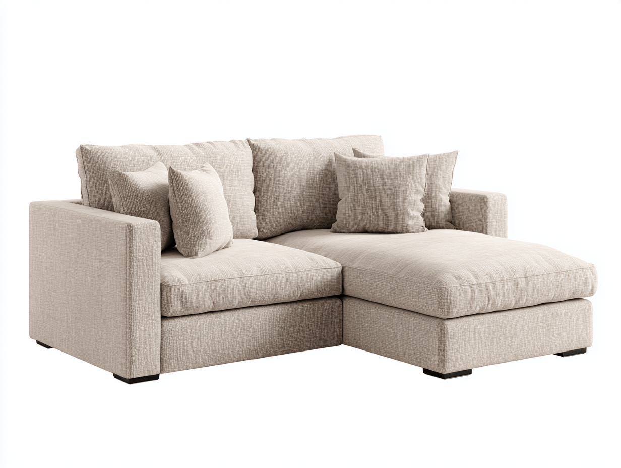 Beżowa sofa narożna z miękkimi poduszkami i minimalistyczną formą – 210×150×85 cm-Hubuna
