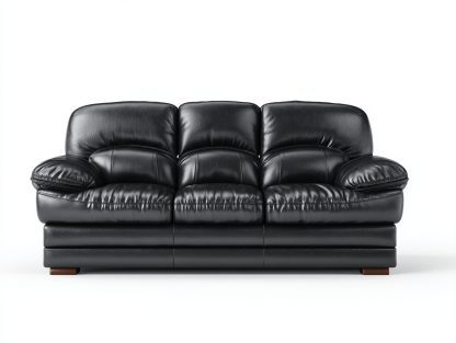 Czarna sofa trzyosobowa z miękkiej skóry ekologicznej – klasyczny styl – pikowane siedziska i oparcia – eleganckie drewniane nóżki – 210×95×90 cm-Hubuna