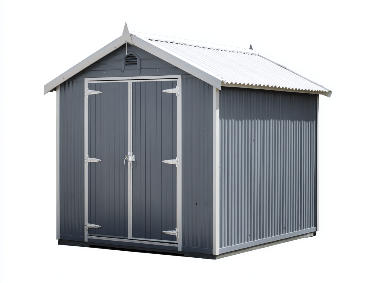 Domek ogrodowy metalowy 240×170×200 cm – szary z białym dachem – z podwójnymi drzwiami i wentylacją-Hubuna