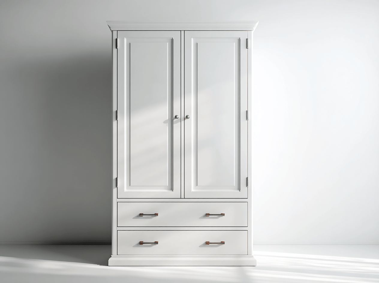 Szafa z podwójnymi drzwiami i 2 szufladami – biała – 190×90×55 cm – klasyczny styl z metalowymi uchwytami-Hubuna