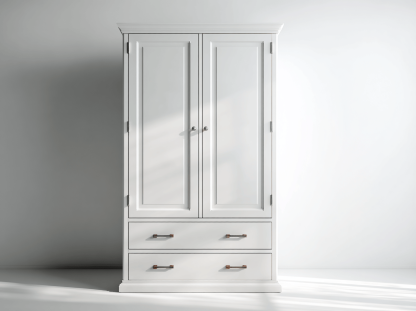 Szafa z podwójnymi drzwiami i 2 szufladami – biała – 190×90×55 cm – klasyczny styl z metalowymi uchwytami-Hubuna